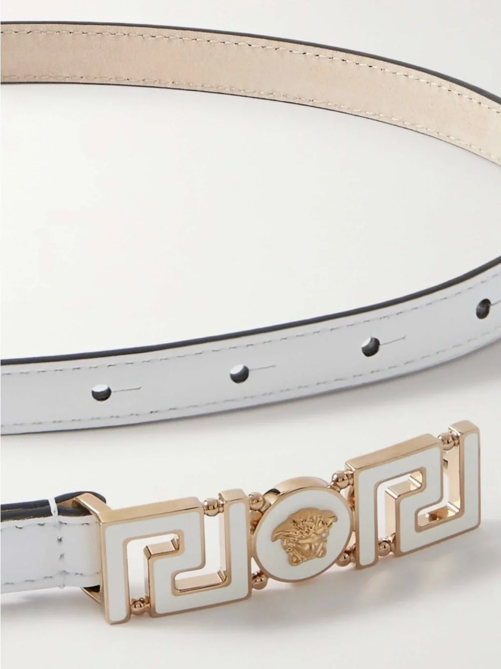 Versace Greca Goddess White Leather Belt with Gold Medusa Medallion Buckle